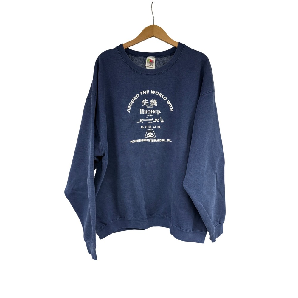 Vintage Fruit of the Loom Pioneer Hi-Bred Around the World Sweatshirt Navy XXL